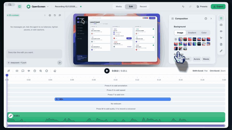 OpenScreen: your agent records and edits app demos