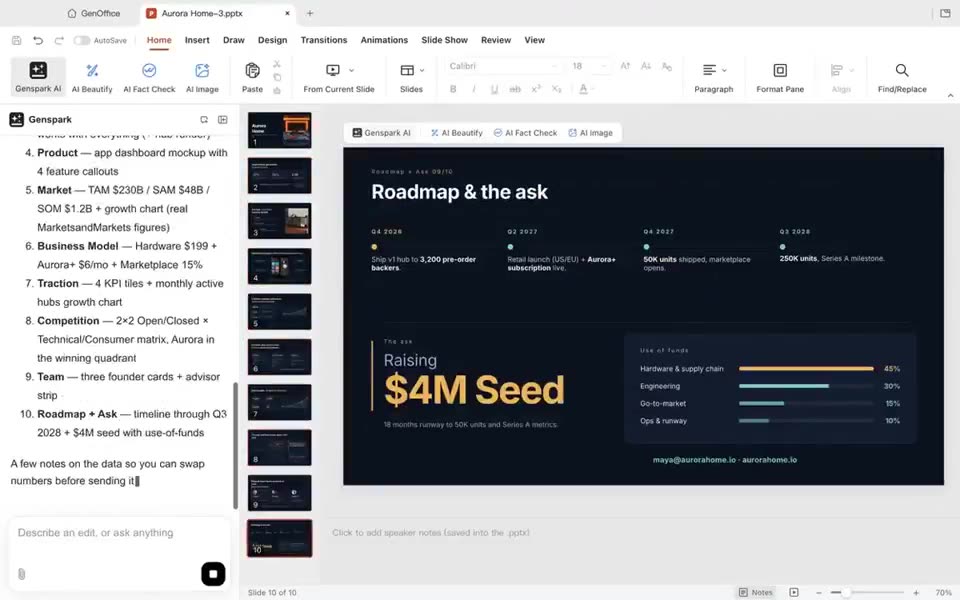 GenOffice builds an editable pitch deck slide by slide thumbnail